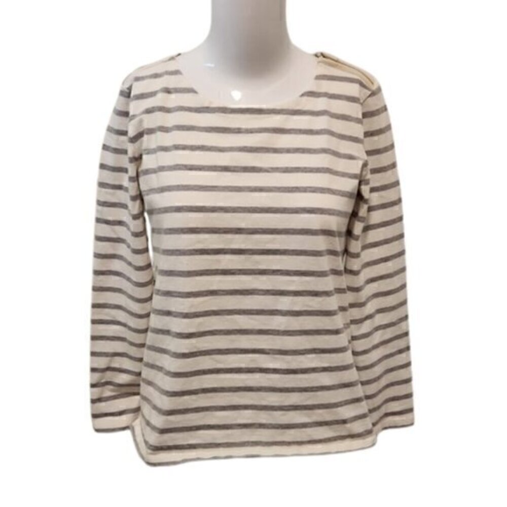 [Ann Taylor] White & Gray Striped Shoulder Zip Top - Size M